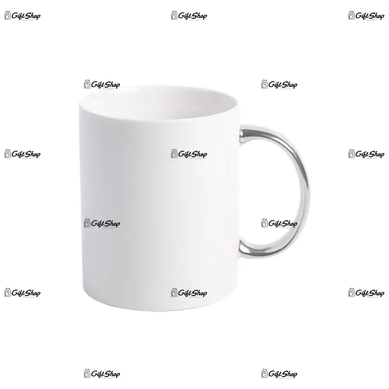 .cana ceramica alba,  maner color argintiu